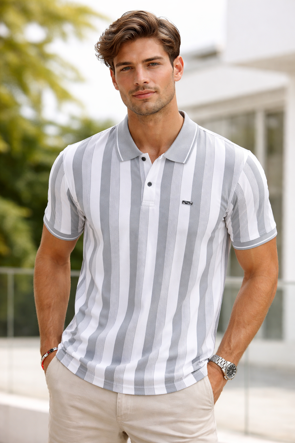Men’s Light Grey & White Vertical Striped Polo T-Shirt