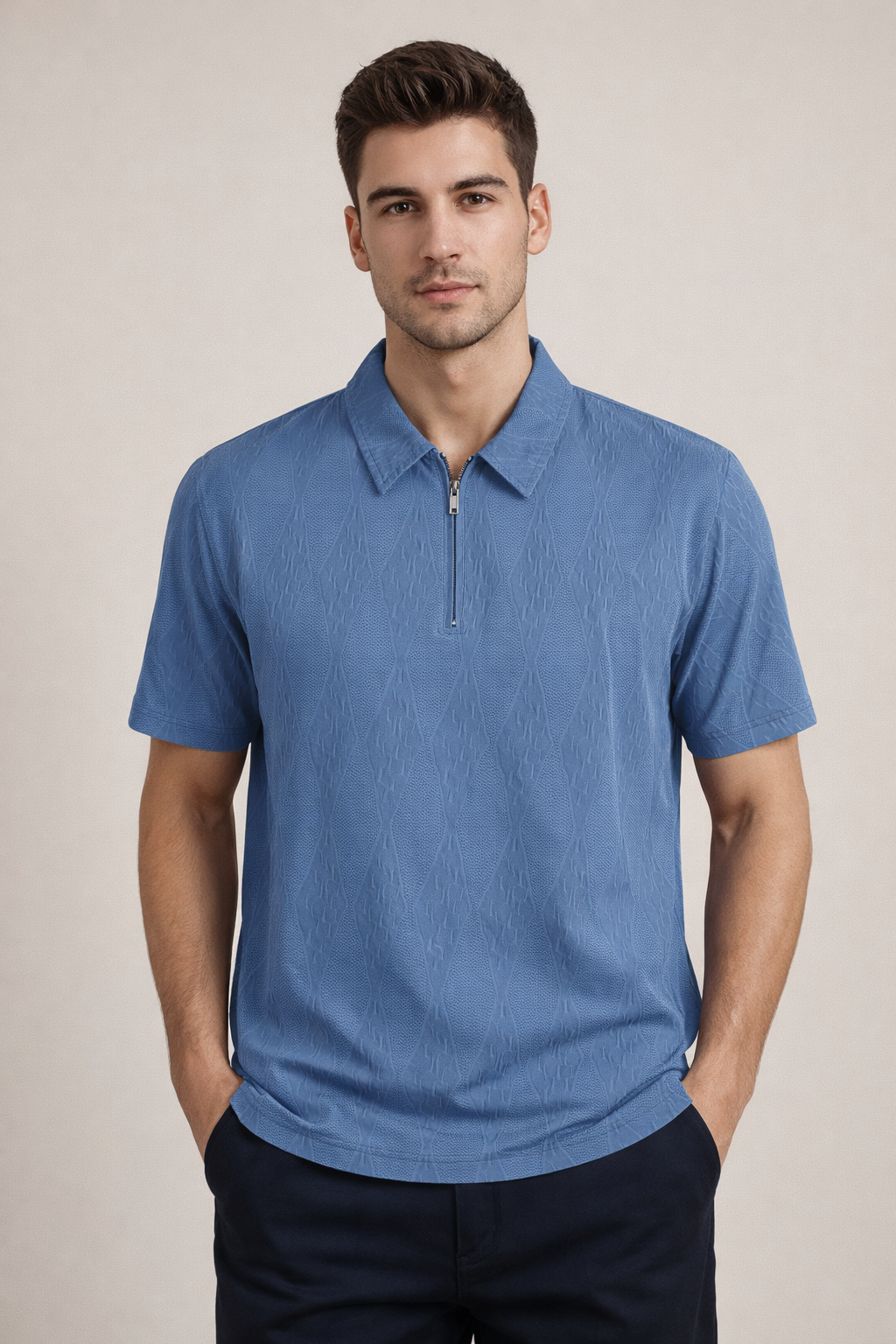 Men’s Sky Blue Textured Zip Polo T-Shirt