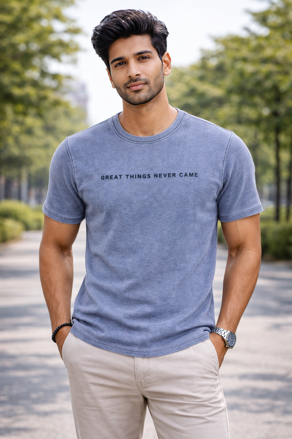 Men’s Light Blue Minimal Typography T-Shirt