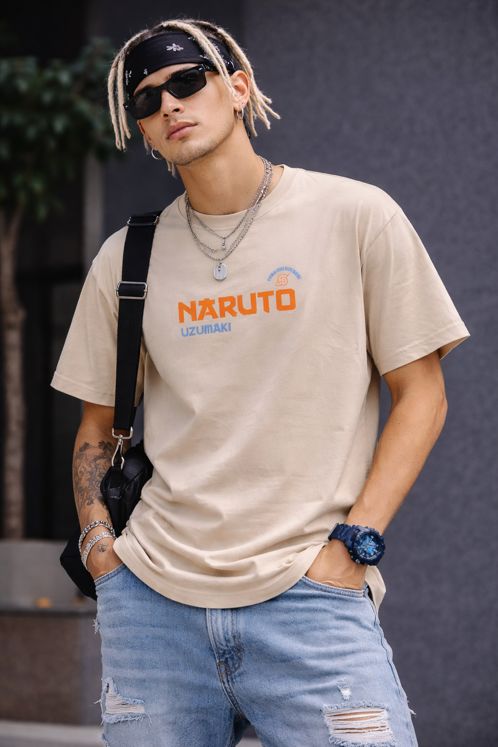 Men’s Beige Naruto Uzumaki Anime Graphic T-Shirt