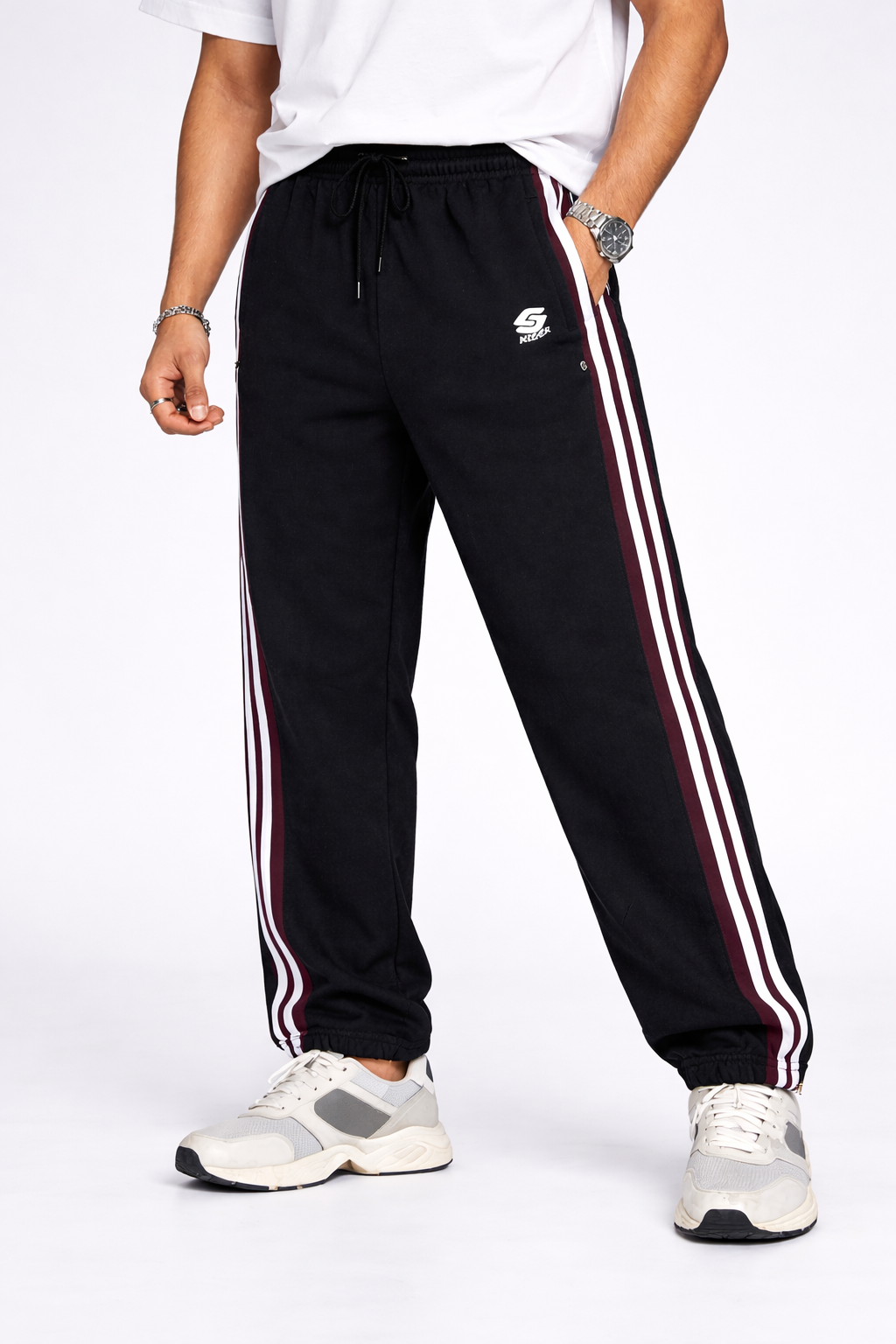 Men’s Black Track Pants with Maroon Side Stripes