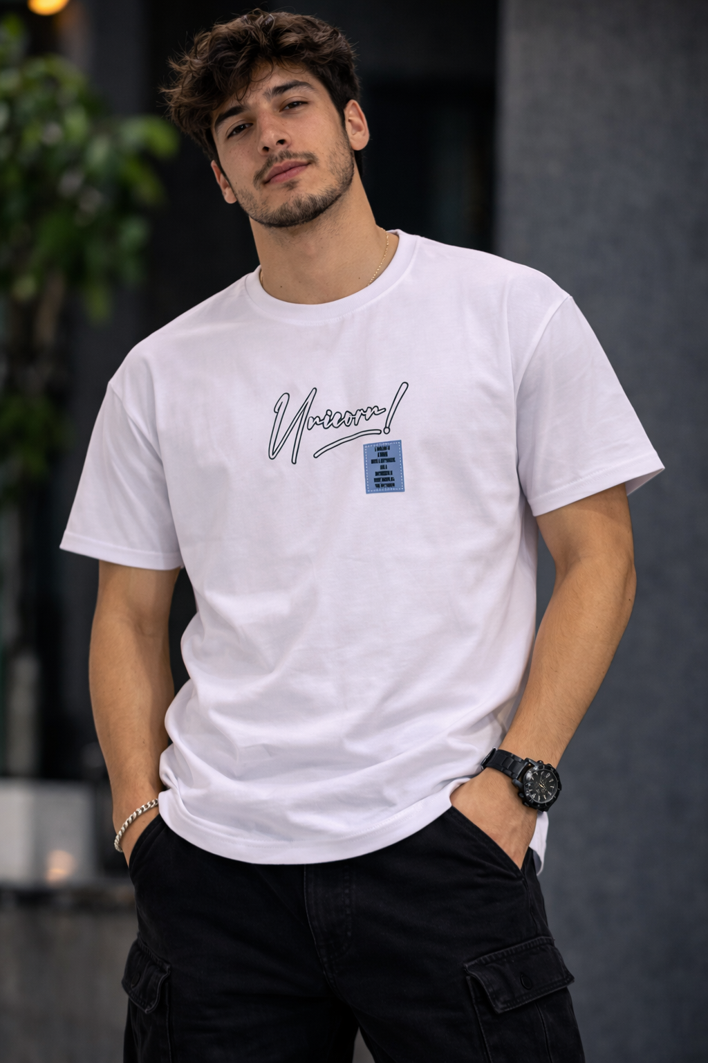 Men’s White Unicorn Graphic Printed Oversized T-Shirt