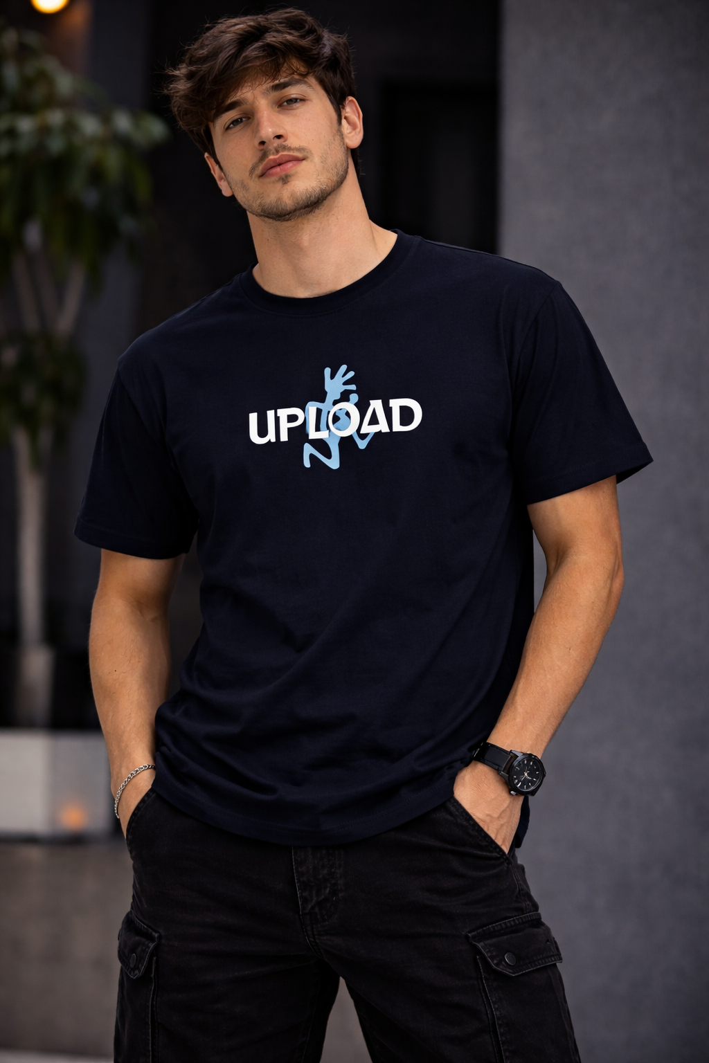 Men’s Navy Blue “Upload” Graphic Printed Oversized T-Shirt