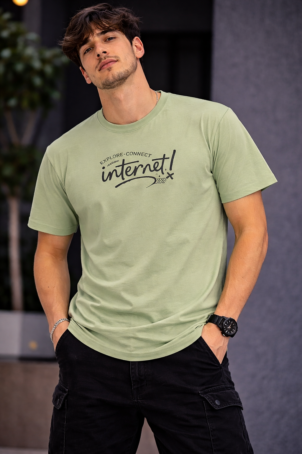 Men’s Sage Green “Explore-Connect Internet” Graphic Printed Oversiz...