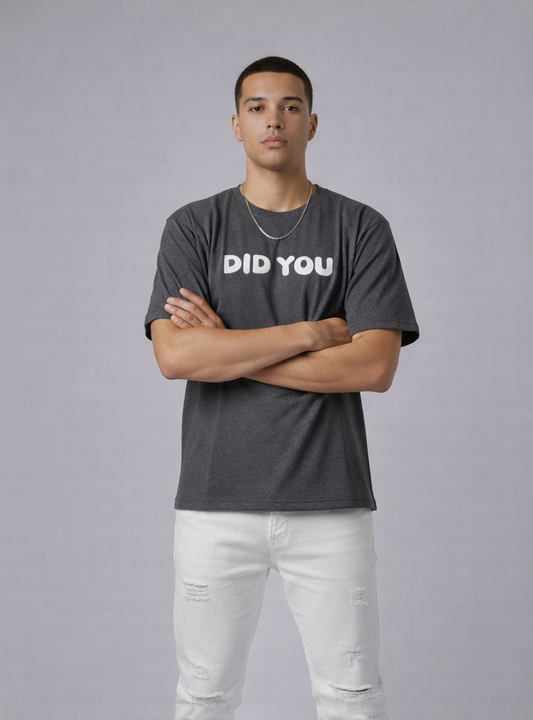 Men’s Charcoal Grey Relaxed Fit T-Shirt with “Did You Manifest Me?” Bo