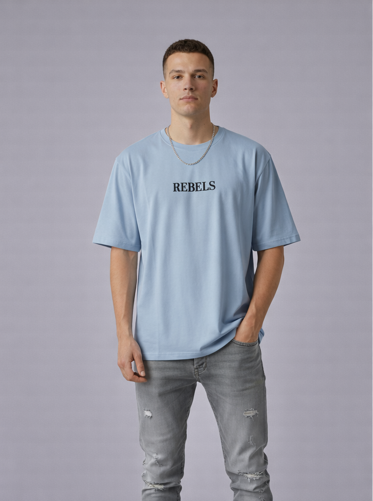 Men’s Sky Blue Oversized T-Shirt with “Rebels” Graphic and Sneaker Bac