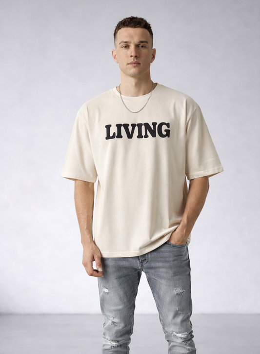 Men Oversized Beige Graphic T-Shirt – Living Proof of a Loving God Pri