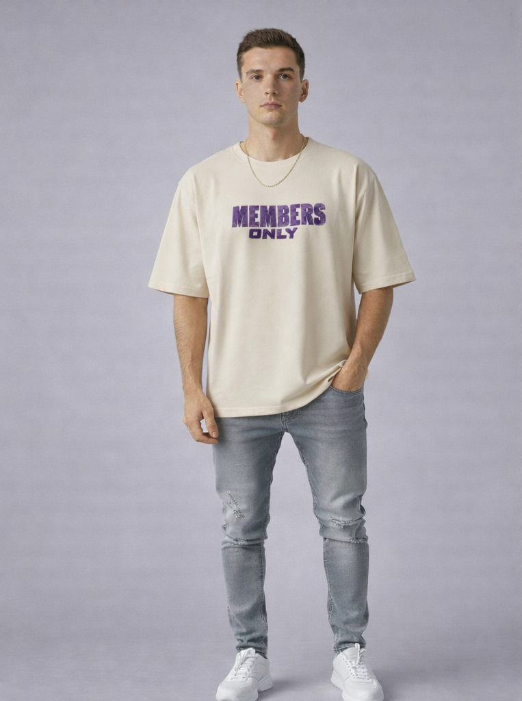 Men’s Beige Oversized Graphic T-Shirt with “Members Only” Cartoon Back
