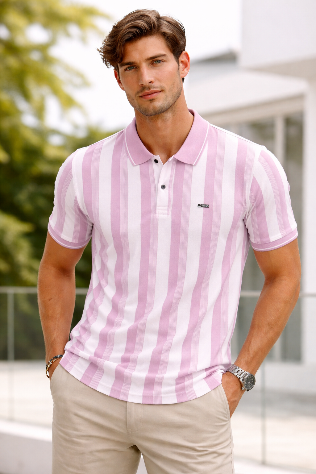 Men’s Light Pink & White Vertical Striped Polo T-Shirt