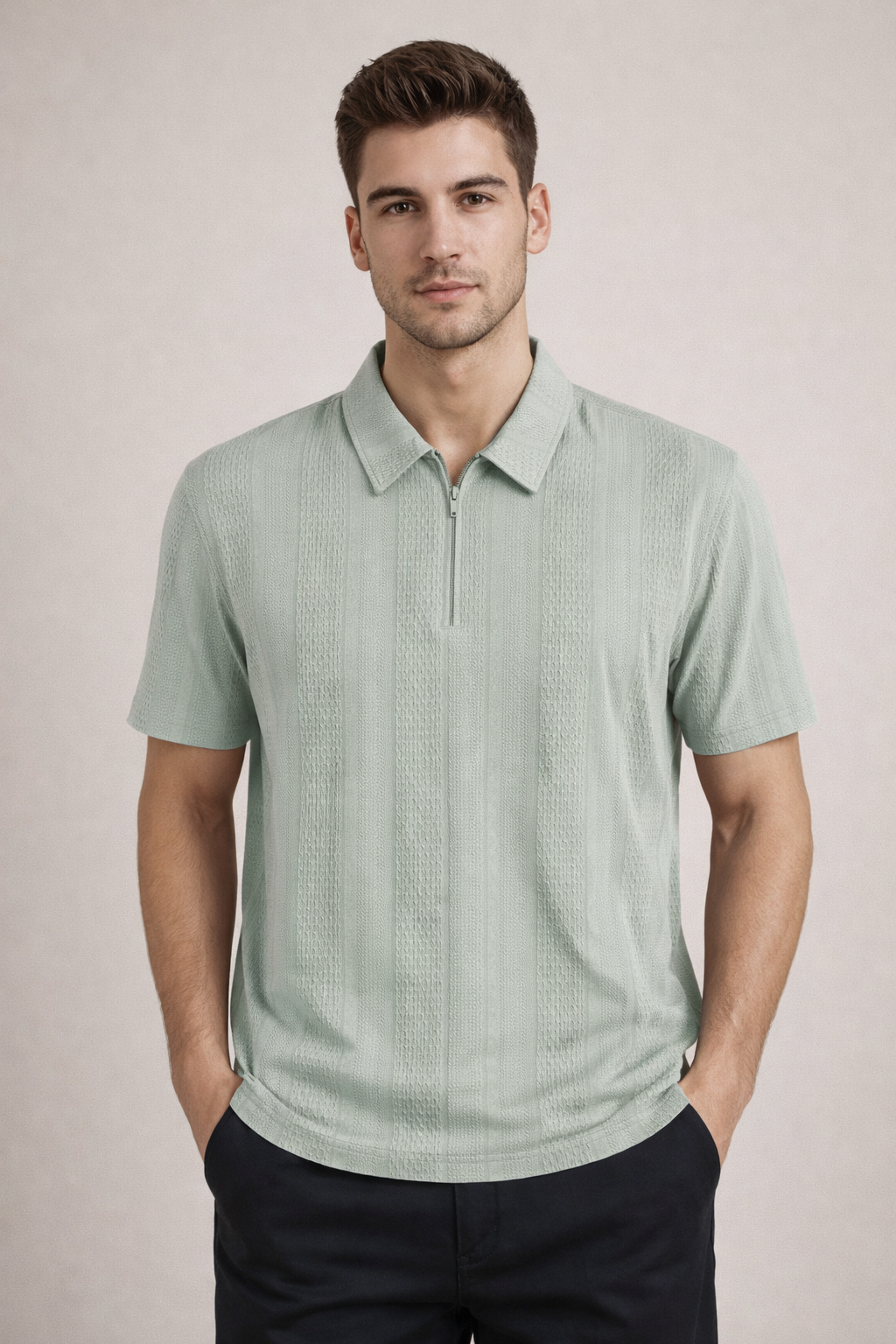 Men’s Mint Green Textured Zip Polo T-Shirt