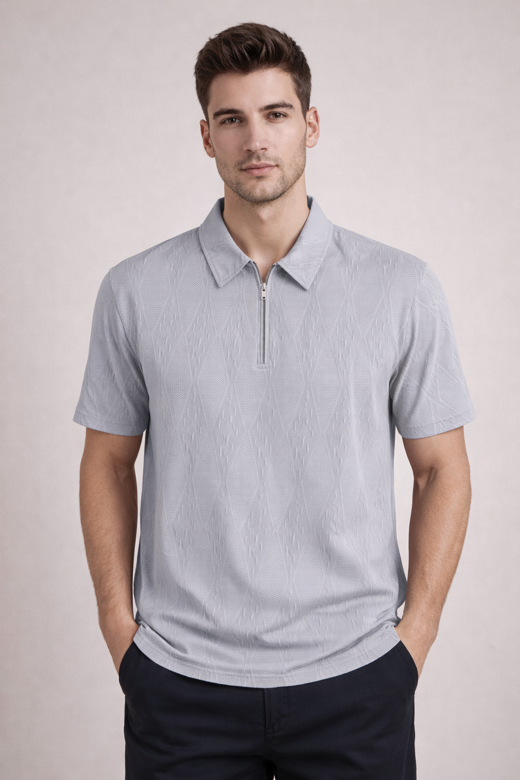 Men’s Ice Grey Textured Zip Polo T-Shirt