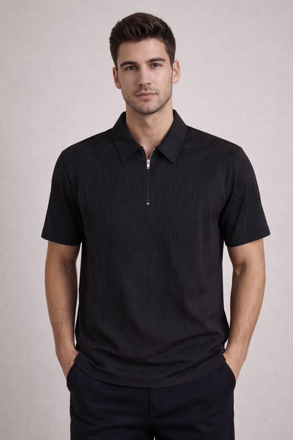 Men’s Black Textured Zip Polo T-Shirt
