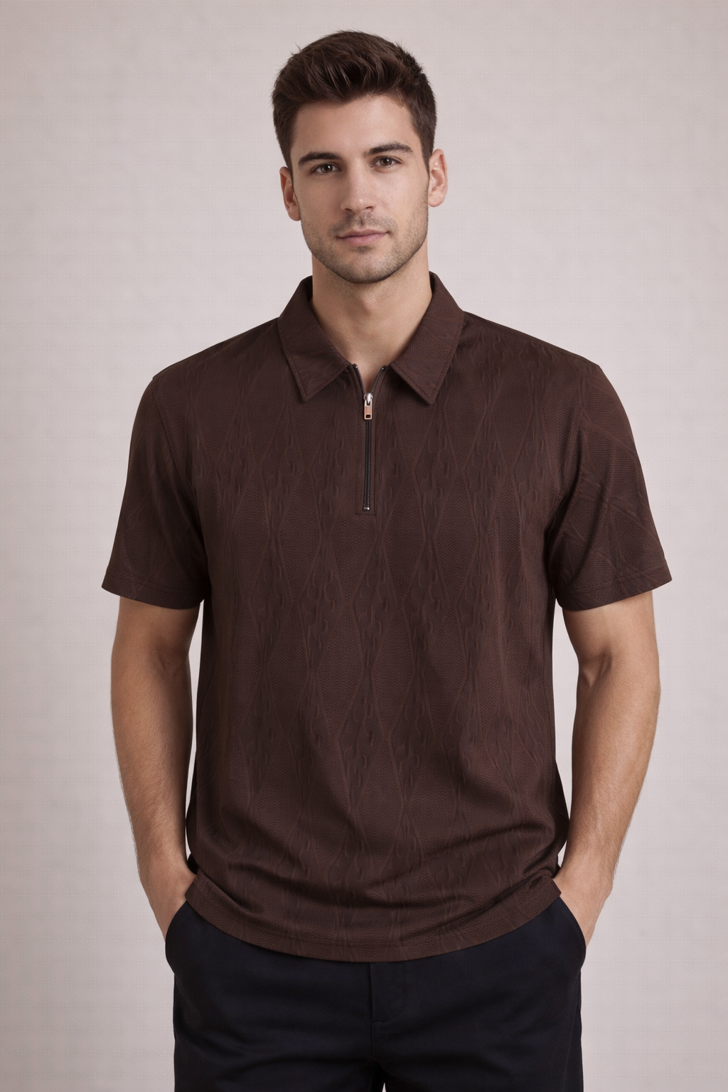 Men’s Coffee Brown Textured Zip Polo T-Shirt