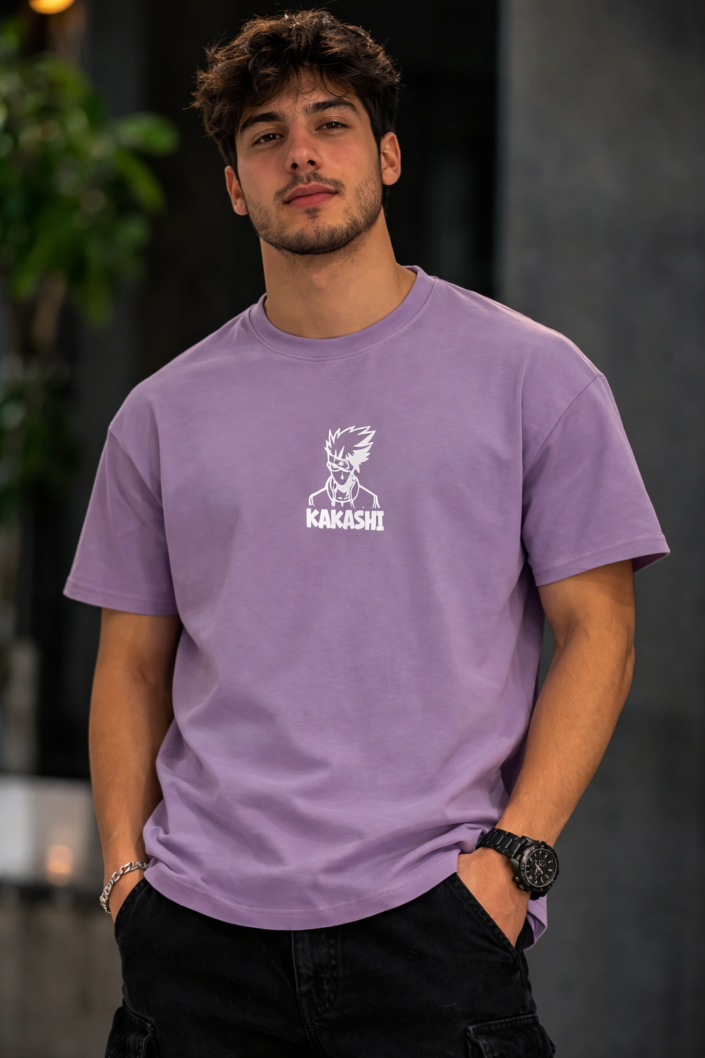 Men’s Lavender Kakashi Anime Graphic Printed T-Shirt