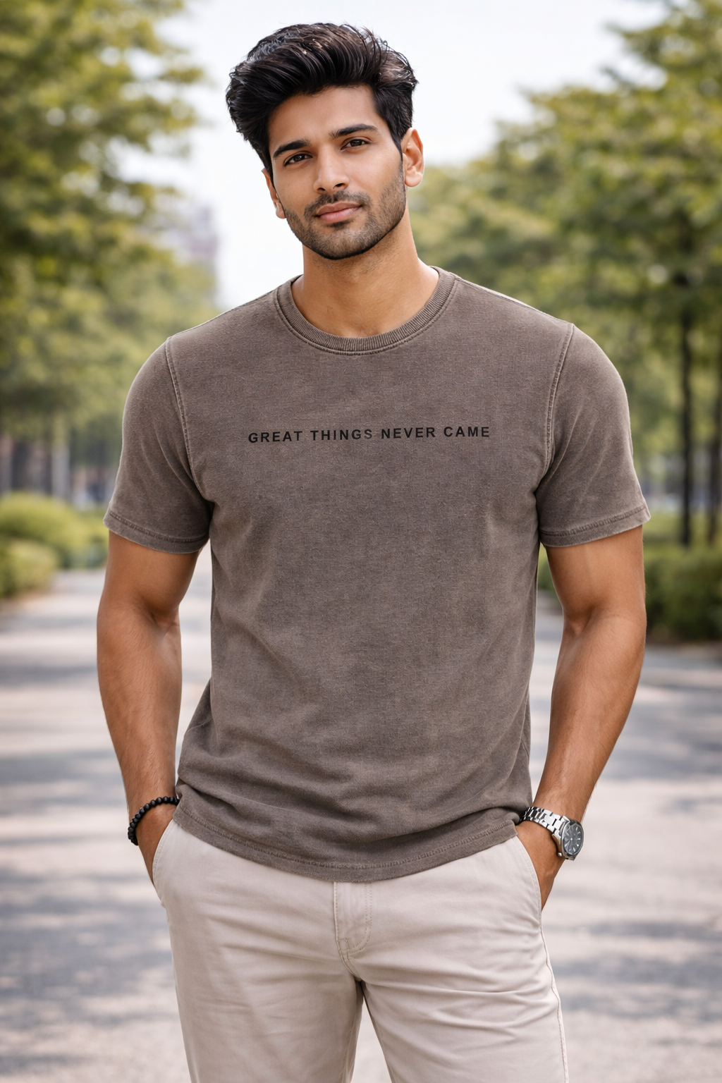 Men’s Coffee Brown Minimal Typography T-Shirt