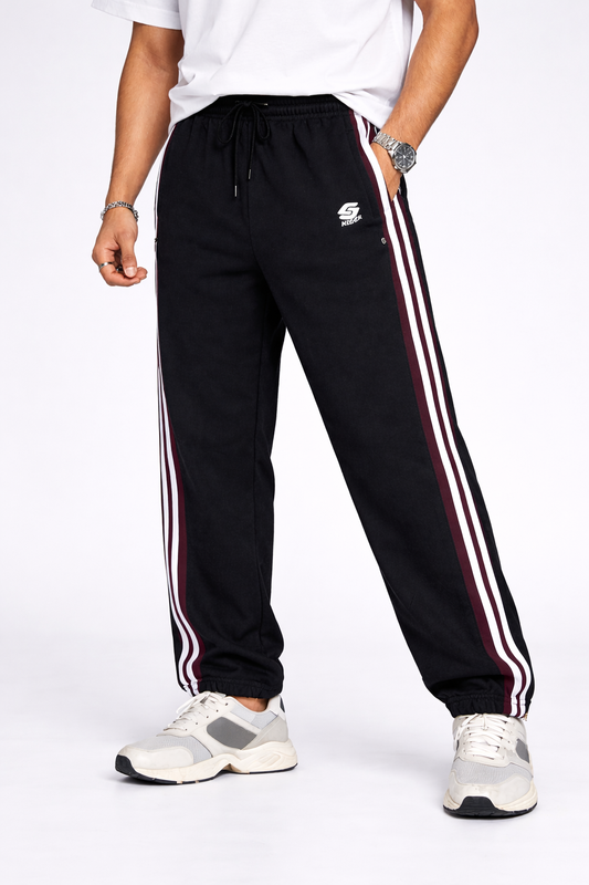 Men’s Black Track Pants with Maroon Side Stripes