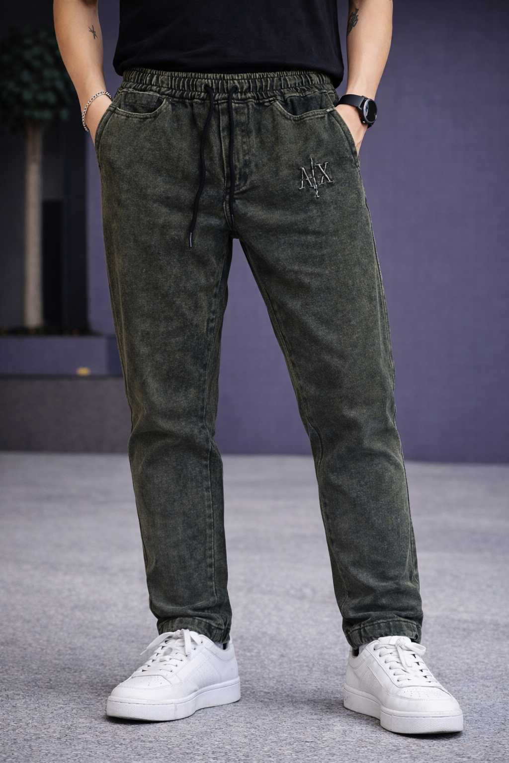 Men’s Olive Green Washed Denim Jogger Jeans