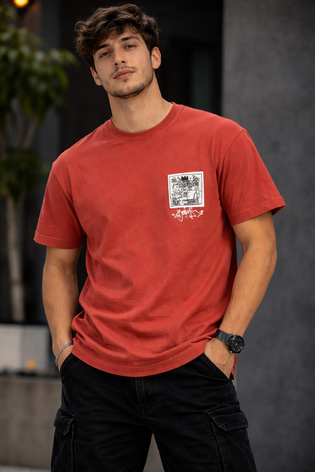 Men’s Rust Red Graphic Printed Oversized T-Shirt