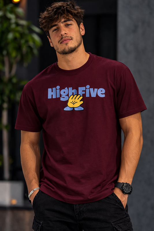 Men’s Maroon “High Five” Graphic Printed Oversized T-Shirt