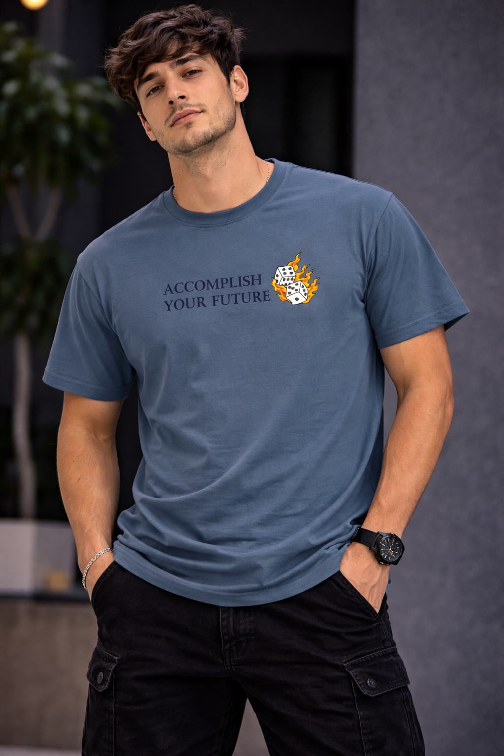 Men’s Steel Blue “Accomplish Your Future” Graphic Printed Oversized...