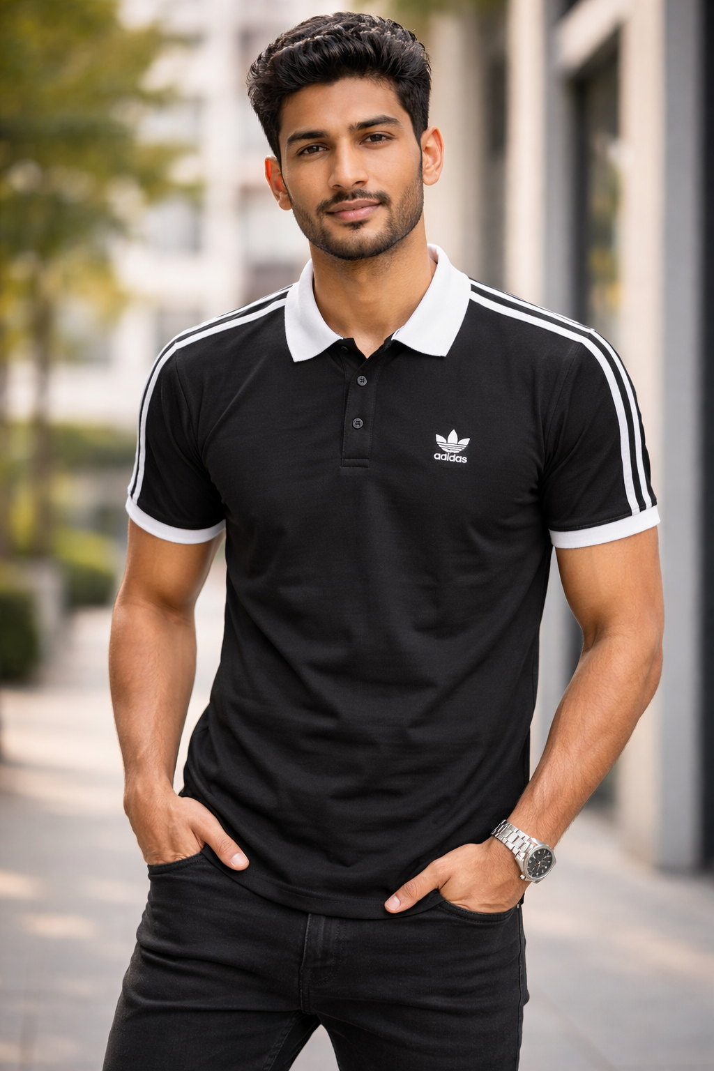 Men’s Premium Polo T-Shirt with Contrast Collar & Shoulder Stripes